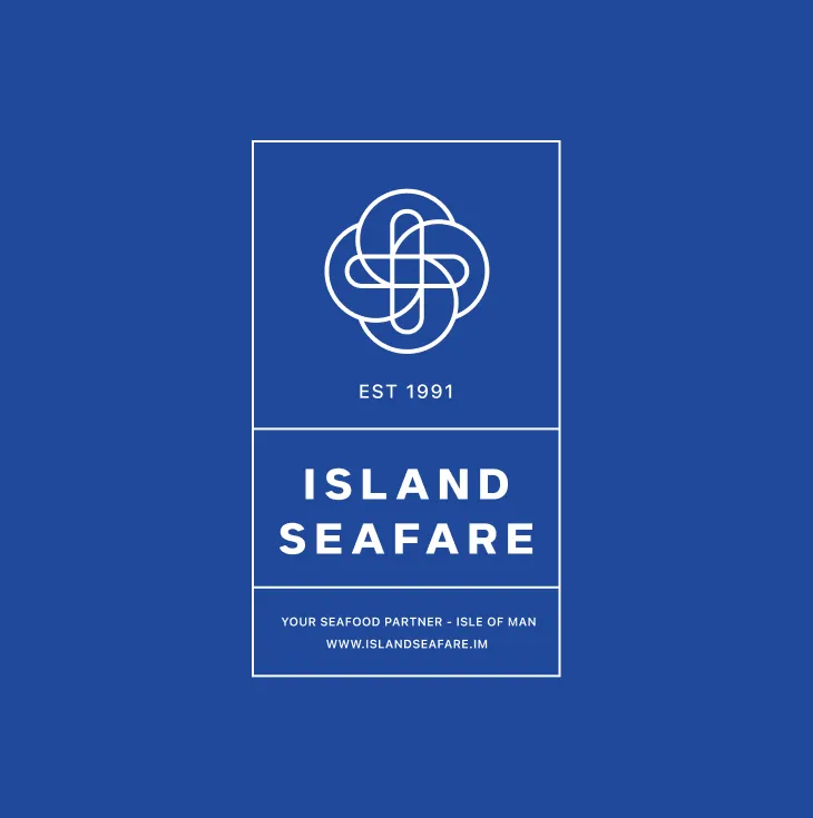 Island Seafare logo stacked lockup on a blue background showing the brand mark, established 1991, and Isle of Man seafood partner tagline, designed by DotPerformance